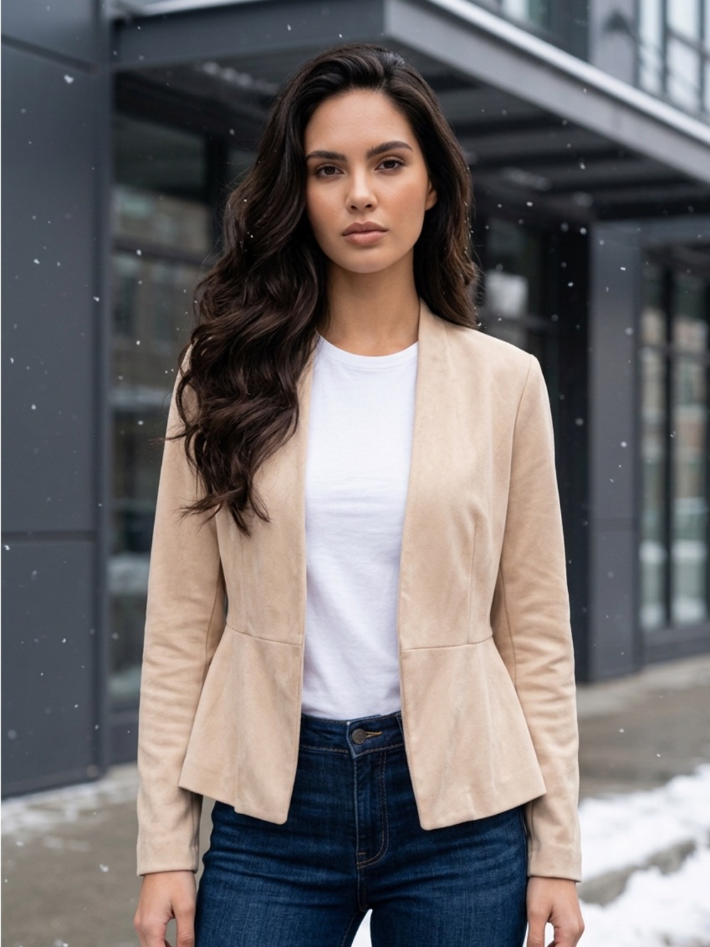 Nicole Miller Beige Open-Front Peplum Blazer